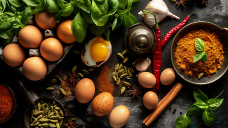 Flat lay with a collection of ingredients and spices used in the preparation of egg curry, such as eggs, onions, garlic, ginger, chili peppers and spices commonly used in making egg curryの素材