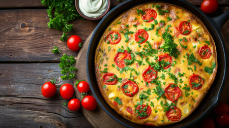 The Spanish tortilla in a pan adorned with vibrant, fresh ingredients such as cherry tomatoes and parsley, set on a rustic wooden backdropの素材