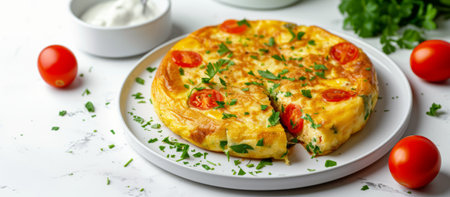 A banner with the Spanish tortilla with vibrant, fresh ingredients such as cherry tomatoes, parsley, and a drizzle of aioli, on a white background with copy-spaceの素材