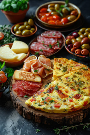 A delightful assortment of Spanish tapas, including Spanish tortilla, olives, cured meats, and cheeseの素材