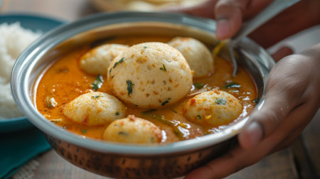 Close-up hands holding a bowl of sambar with idli in it - a traditional South Indian meal for breakfastの素材