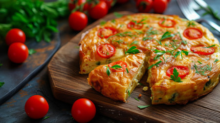 The Spanish tortilla adorned with cherry tomatoes and parsley, set on a rustic wooden backdropの素材