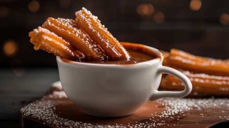 A white cup with hot chocolate or a caramel, with a stack of churros being dipped into it. Churros - a type of fried dough pastry from Spanish and Portuguese cuisineの素材