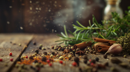 Close-up variety of spices including star anise, rosemary sprigs, cinnamon sticks and assorted peppercorns on a dark background with space for textの素材