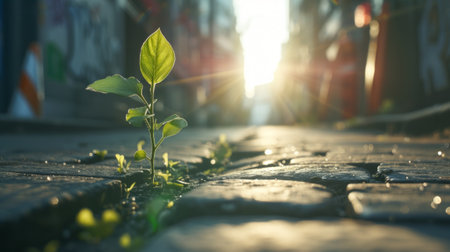 A small plant growing out of a crack in a city street. The plant symbolizes resilience and the power of life to thrive in unexpected places.の素材