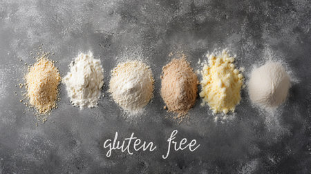 Various types of gluten-free flours arranged in a row on a grey background, with text "gluten free" in chalk styleの素材