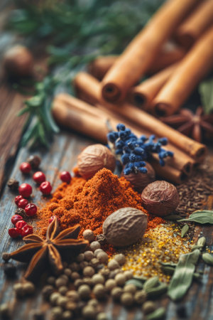Various spices and herbs, including star anise, red chili powder, cinnamon sticks and assorted peppercornsの素材
