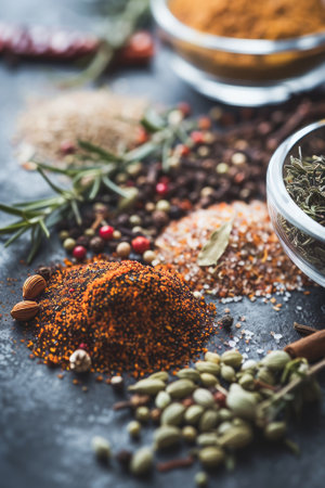 A variety of spices and herbs spread out on a dark surface. The assortment including whole spices, ground spices, and herbs, presenting a visual feast of culinary ingredients.の素材