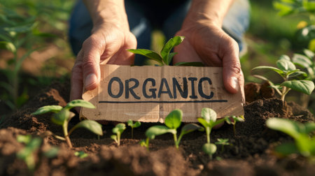 A close-up of two hands holding a cardboard sign with "ORGANIC" written in bold, capital letters. Concept: organic farming, eco-friendly products, health-conscious lifestyle.の素材