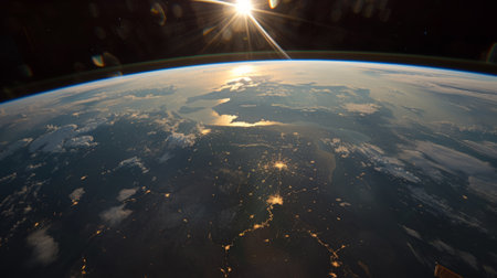Panoramic view on planet Earth globe from space. The stunning vista of Earth from outer space, against the backdrop of the cosmos.の素材