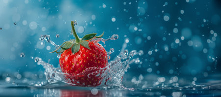 Close-up a vibrant red strawberry splashing into water, on a blue blurred background with space for textの素材