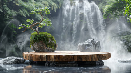 A bonsai tree and rocks on a wooden platform, with a waterfall in the background. Concept: product mockup, sustainability, eco-friendliness, or a connection to natureの素材