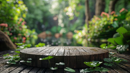 A circular wooden platform among greenery in the forest. Concept: product mockup, sustainability, eco-friendliness, or a connection to natureの素材