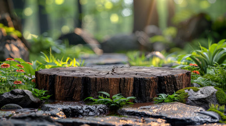 A tree stump as a platform for product mockup in the forest. Concept: product mockup, sustainability, eco-friendliness, or a connection to natureの素材
