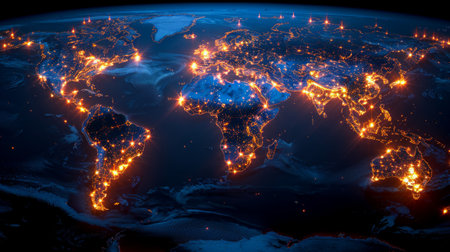 A representation of the world map, illuminated by lights. A digital and connected vibe, possibly representing globalization or internet connectivityの素材