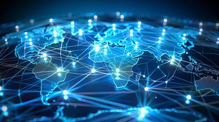 A digital and illuminated representation of the world map, highlighting connections between various points across the continentsの素材