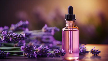 A small pink dropper bottle, placed amidst fragrant lavender flowers. Concept: mockup for natural products, essential oils, or herbal remedies, evoking a sense of tranquility and holistic wellnessの素材