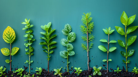 A variety of green plants against a green background. Each plant has distinct leaf shapes and patterns, illustrating the diversity in plant speciesの素材