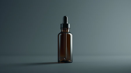 A sleek and modern black glass dropper bottle standing against a clean, minimalist grey backdrop with copy-space. Concept: mockup for variety of products, from skincare serums to essential oilsの素材