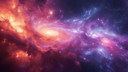 A cosmic background depicting swirling galaxies, shimmering stars, and celestial phenomena, featuring vivid colors and gradientsの素材