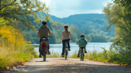 Rear view of a family with kid cycling on a country path with a beautiful lake in a backgroundの素材
