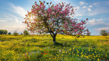 A serene and picturesque landscape featuring a blossoming tree amidst a field of colorful flowers, under the bright sky. Spring mockup concept.の素材