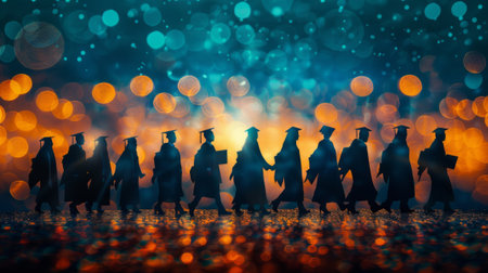 A group of silhouetted students wearing graduation caps and gowns, captured against a backdrop of vibrant, bokeh lights. Graduation concept.の素材