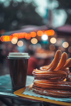 Churros and a cup of take-away coffee on a tray, with a blurred background with an outdoor market, illuminated by glowing lightsの素材