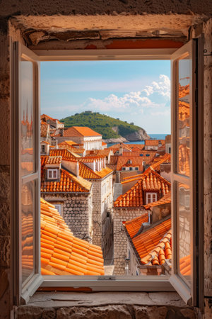 A breathtaking view of a cozy coastal town with orange-tiled roofs, viewed from an open windowの素材