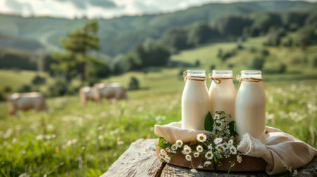 A wooden table adorned with bottles with fresh milk. In the background, a picturesque grassland, accompanied by a herd of dairy cows, highlighting the natural origin of the dairy itemsの素材
