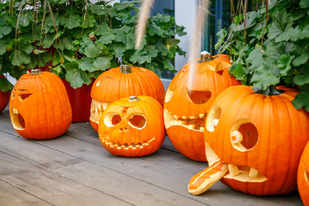 Carved pumpkins with a mix of classic and creative expressions placed on the floor. Halloween decoration concept.の写真素材