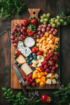 A beautifully arranged cheese board features rich brie, sharp cheddar, creamy gouda, and colorful fresh fruit. A knife rests nearby, inviting enjoyment in a warm and cozy setting.の素材