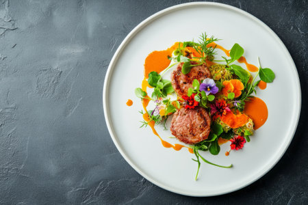 A beautifully plated plant-based meat dish showcases fine dining artistry, adorned with vibrant edible flowers, microgreens, and colorful sauce drizzles in a modern setting.の素材