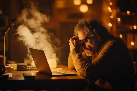 A person sits at a cluttered desk, visibly exhausted, working on a laptop in a cozy yet dimly lit home environment. Signs of burnout and anxiety are evident.の素材