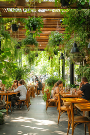 People relax and enjoy coffee at an outdoor cafe adorned with a lush canopy of greenery, surrounded by potted plants and dappled sunlight, creating a warm ambiance.の素材