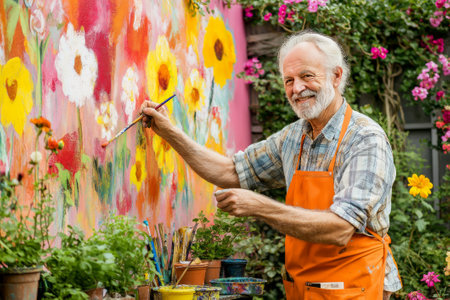 An elderly man joyfully paints a colorful mural on a garden wall, surrounded by blooming plants. His vibrant apron and cheerful smile reflect his passion for art during the sunny afternoon.の素材