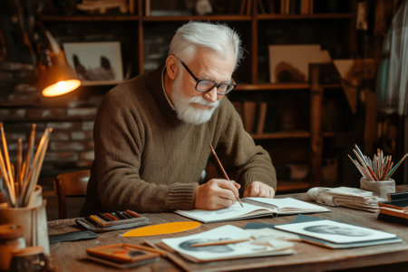 An elderly man with a gentle smile sketches a detailed portrait using charcoal pencils at a rustic wooden table. Open sketchbooks and art supplies fill the warm, inviting space.の素材