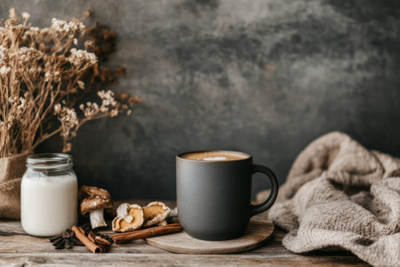 A steaming cup of mushroom coffee sits in a rustic ceramic mug on a wooden table, surrounded by dried mushroom slices, cinnamon sticks, and a jar of oat milk, all in soft natural light.の素材