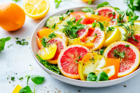 Vibrant salad features a mix of fresh herbs, citrus slices, and yuzu dressing served in a minimalist bowl against a bright kitchen backdrop, creating a refreshing atmosphere.の素材