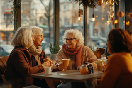 In a lively cafe filled with natural light, a group of elderly women engages in a friendly discussion about health topics while enjoying warm beverages.の素材