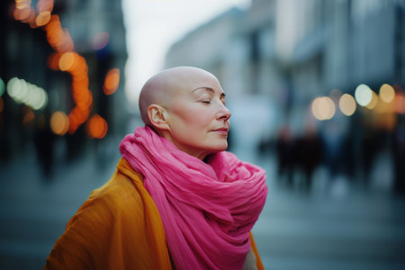 A bald woman stands confidently with her eyes closed, wearing a pink scarf that embodies strength and resilience. The background features a softly blurred urban environment with warm lights.の素材