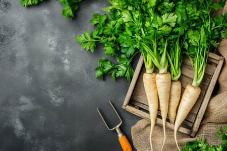 Freshly harvested parsnips are displayed in a wooden crate alongside burlap and gardening tools, highlighting the significance of sustainable practices in organic farming.の素材