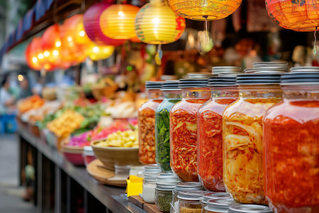 Rows of kimchi jars in shades of red and orange line a traditional Korean market stall, surrounded by an array of vibrant fermented dishes, all illuminated by warm lantern light.の素材
