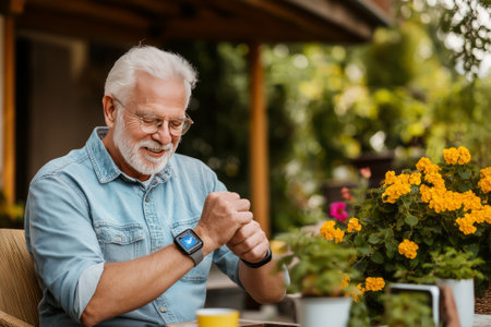 A senior man sits comfortably on a sunny patio, smiling as he customizes health settings on his smartwatch. Bright flowers and a refreshing drink surround him, enhancing his relaxation.の素材