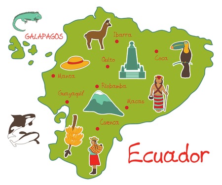 vector illustration of map of ecuador with typical featuresのイラスト素材
