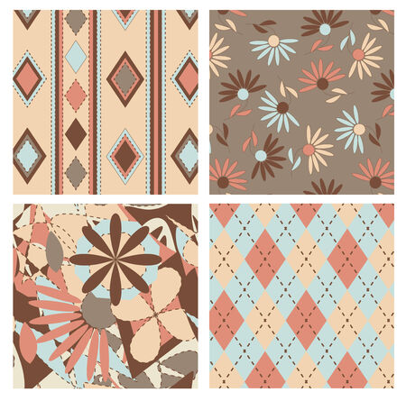 Set of vector seamless patterns with tartan and flowersのイラスト素材