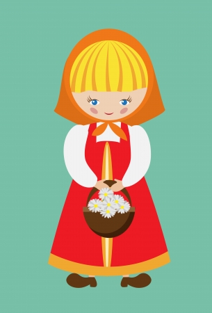Vector illustration of russian girl dressed in sarafan with a basket of daisiesのイラスト素材
