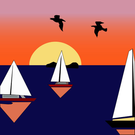 drawing of yachts in the sea against the background of the setting sunのイラスト素材