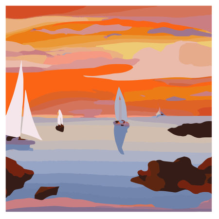 yachts sailing in the sea at sunset towards a small islandのイラスト素材