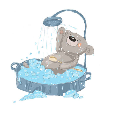 Cute wet bear bathes in foam on a white backgroundのイラスト素材
